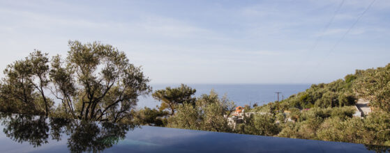 Five Olive Dream Trip - Infinity pool reflecting the sky, overlooking a scenic view of the ocean. Surrounded by lush greenery and trees with a clear blue sky above. Coastal landscape in the distance.