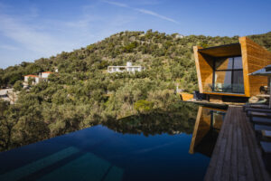 Five Olive Dream Trip - A modern wooden house with a large glass window is set against a hillside covered in green trees. In the foreground, there is an infinity pool reflecting the clear blue sky.