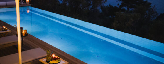 Five Olive Dream Trip - A serene infinity pool at night, illuminated by soft lights and surrounded by lounge chairs with a large umbrella. A table holds a tray of tropical fruits. Trees and a view of the ocean are in the background.