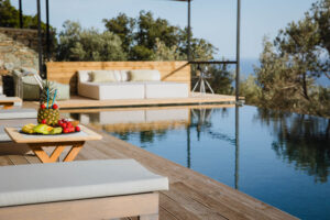 Five Olive Dream Trip - A luxurious outdoor setting with an infinity pool overlooking a serene natural view. A wooden deck with lounge chairs and a table holding a fruit arrangement is in the foreground, while a seating area with large cushions is in the background.