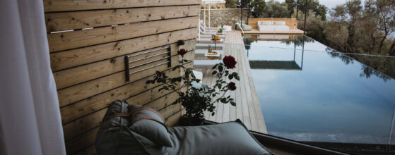 Five Olive Dream Trip - A wooden deck connected to the Freedom Suite features a pool that offers views of a natural landscape. A bean bag chair and potted rose plant are positioned on the deck, with a backdrop of distant trees and a hazy sky. Along the left side, there is a wall from a modern building.